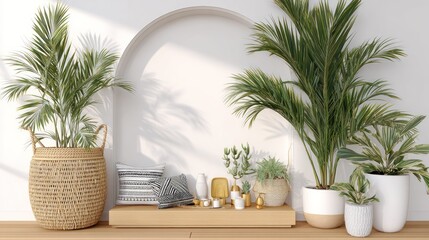 Fototapeta premium Arrangement of various potted tropical plants beside a modern white wall with subtle architectural detail