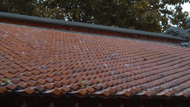 Closeup of a traditional Asian Buddhist temple roof with clay tiles layed in rows forming textured, overlapping pattern  and a traditional Chinese ornate stone imperial roof decoration, specifically a
