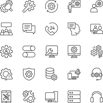 IT service support line vector icon set gear wrench computer phone