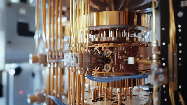 Quantum computer motherboard with gold plated components and delicate wiring, illustrating advanced ai hardware, cutting edge physics research and high performance data processing systems