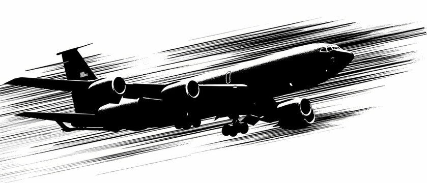 Black KC-135 aircraft flying with speed streaks in white sky aviation military minimalist silhouette