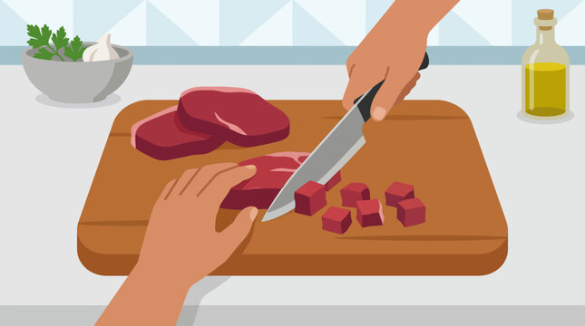 Dicing Fresh Raw Beef on a Wooden Cutting Board for Cooking.