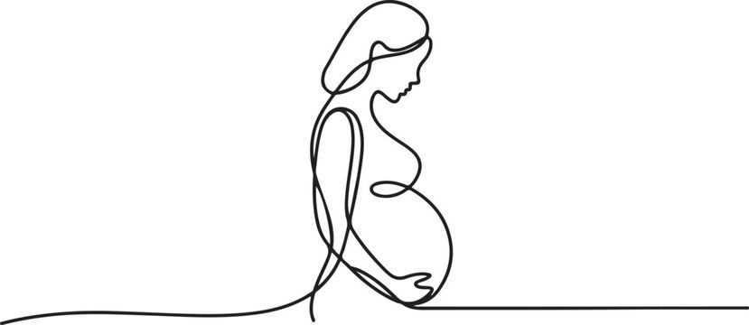 Elegant one line drawing depicting a pregnant woman in profile view. One line draw graphic design vector