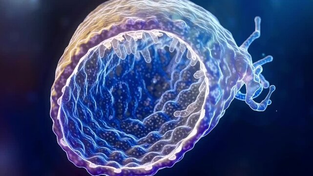 Microscopic visualization of an aggressive parasitic amoeba, a single celled protozoa, swimming and attacking a host organism in a detailed scientific animation showing pathogenic behavior