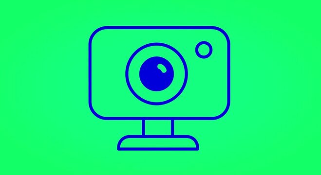 A blue line drawing of a computer monitor on green background with a large eye