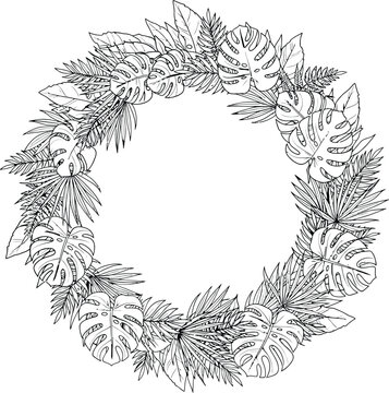 A circular wreath illustration featuring detailed hand drawn tropical leaves and monstera foliage