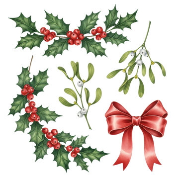 high-quality watercolor illustration set of classic christmas elements: holly, mistletoe with berries, and an elegant red satin ribbon bow, isolated on a transparent background. Festive design