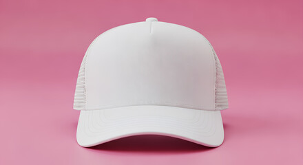 Fototapeta premium White baseball cap mockup blank trucker hat isolated on pink background front view hat mockup mockup cap hat template fashion clothing baseball front sport isolated blank