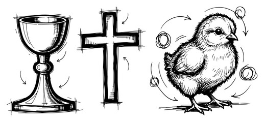 Holy chalice with Christian cross and baby chick in hand drawn sketch style © AnimalZOO
