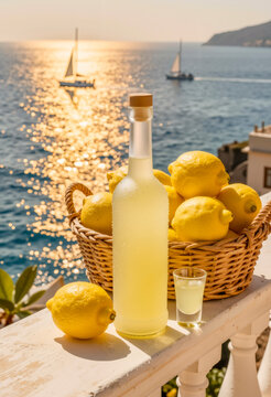 Bottiglia di limoncello con limoni e vista sul mare