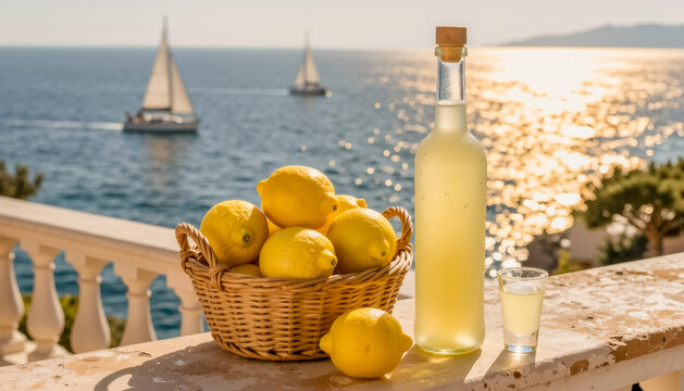 Bottiglia di limoncello con limoni e vista sul mare