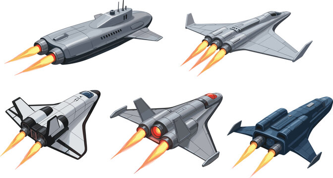 Set of futuristic spaceships and rockets with fire thrusters isolated on white background sci fi space vector illustration collection