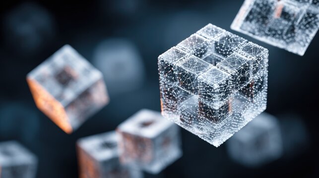 Multiple glowing digital cubes with interconnected nodes float against a dark background