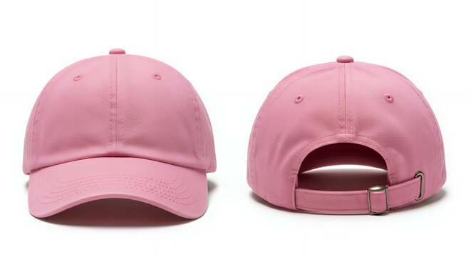 Concept of casual fashion with a blank pink baseball cap front and back view of a dad hat isolated on a white background for mockup hat mockup mockup cap hat template fashion clothing baseball front s