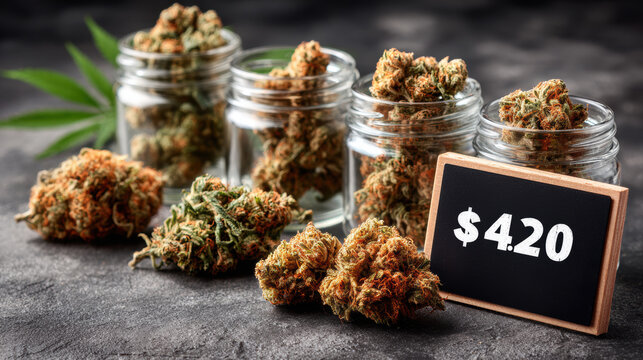 Jars with cannabis buds in marijuana shop. Price tag reads $4.20