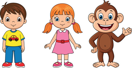 Cute cartoon characters set boy girl and monkey smiling playful kids mascot illustration for children design education and fun visuals © Vector Design Hub
