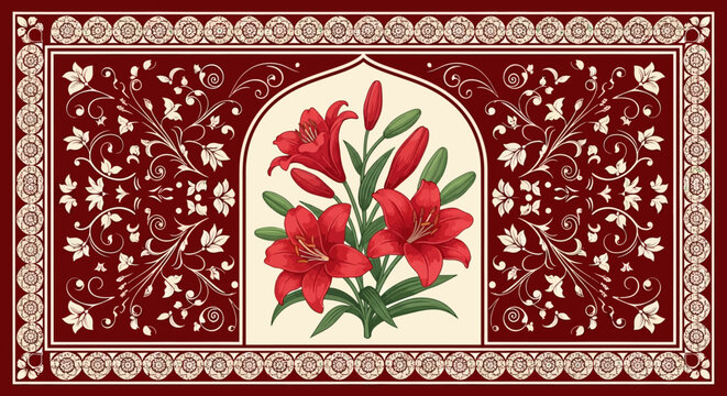 Traditional Persian Style Red Lily Illustration with Intricate Floral Ornamental Border and Arched Frame on Deep Red Background