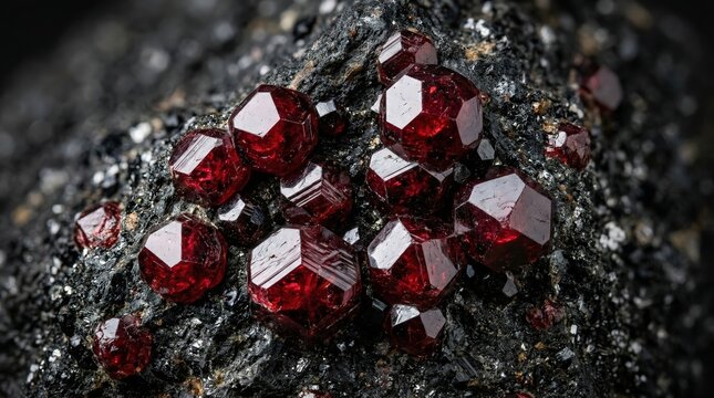 Macro shot of deep red garnet crystals embedded in a dark metamorphic rock matrix