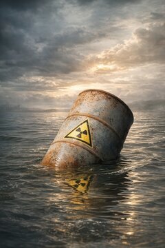 Rusty radioactive waste barrel floating in the ocean under dramatic stormy sky. Environmental pollution concept. Ideal for ecology, nuclear danger, disaster, and climate themes.

