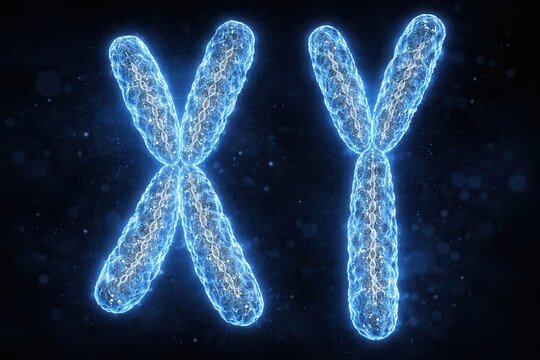 Glowing blue X and Y chromosomes with detailed structure on dark background. Stunning 3D medical render of human sex chromosomes. Ideal for genetics, biology, and science concepts.

