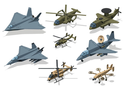 Isometric Military Aircraft Collection: Stealth Jets, Attack Helicopters, AWACS Radar Plane, and Tactical Drone Isolated on White