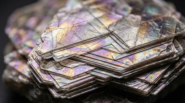 Close-up Macro Shot of Iridescent Mica Mineral Specimen Showing Layered Crystalline Structure