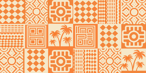 Geometric pattern featuring tropical motifs and orange beige color scheme © SayanKumar