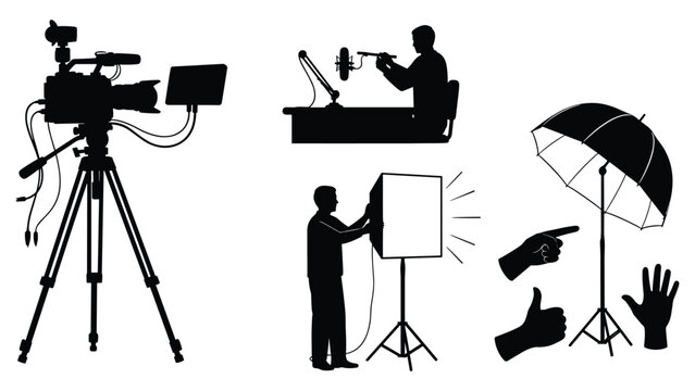 Video production vector silhouettes camera lighting microphone photography setup iconsVideo production vector silhouettes camera lighting microphone photography setup icons