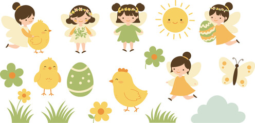 Obraz premium Whimsical illustration of fairies and springtime elements with chicks and flowers