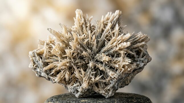 Macro Photography of a Radiating Mineral Crystal Cluster Specimen with Sharp Needle-Like Structures