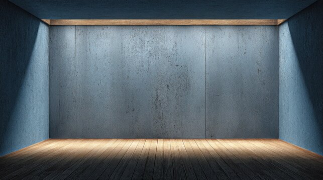 Illumination highlights the intersection of a distressed concrete wall and a wooden floor in an interior space