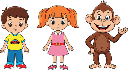Cute cartoon characters set boy girl and monkey smiling playful kids mascot illustration for children education design and fun visuals © Vector Design Hub