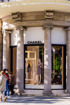Barcelona, Spain - May 11, 2021. Logo and facade of Chanel, it is a French fashion house, founded in Paris by the designer Coco Chanel, in 1910