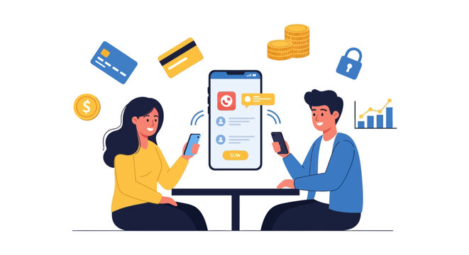 Secure Mobile Banking and Digital Payment App Concept. Man and Woman Making P2P Financial Transactions using FinTech Smartphone Illustration.