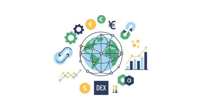 Global Decentralized Finance (DeFi) Network and Blockchain Technology Concept. Crypto Exchange (DEX), Digital Currency Trading and Financial Growth Illustration.