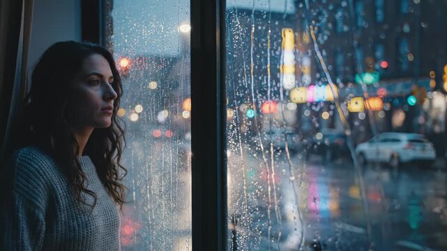 A woman with long, flowing hair stands pensively by a window, her gaze fixed on the shimmering city rain.