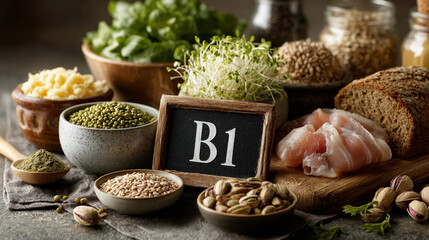 Fototapeta premium Set of products containing vitamin B1. Dietary, necessary supplements and water-soluble vitamins concept Close-up food shot for poster, visual material 
