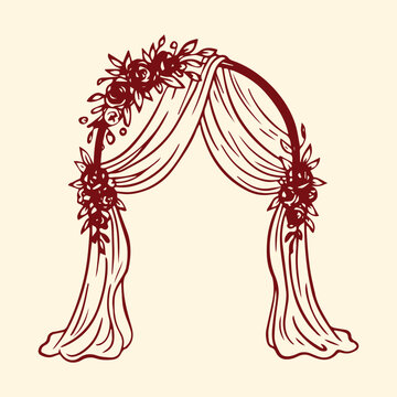 Wedding arch with floral decor and drapery in elegant line art style for ceremony and invitation design.