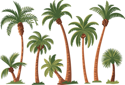Tropical palm tree collection with detailed leaves and curved trunks perfect for summer beach scenes island graphics and nature design
