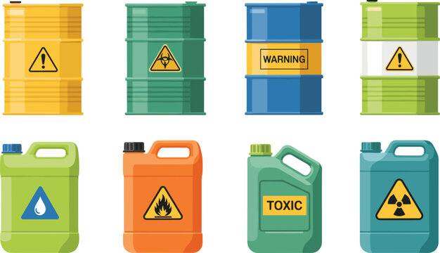 Set of hazardous chemical containers with warning symbols isolated on white background safety toxic materials vector illustration collection