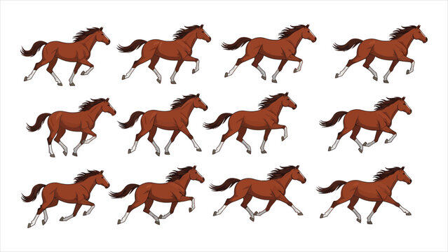 Cartoon horse animation showing running gait movements. 2D vector frames of walking, galloping, and racing sequences for thoroughbred or pet concepts