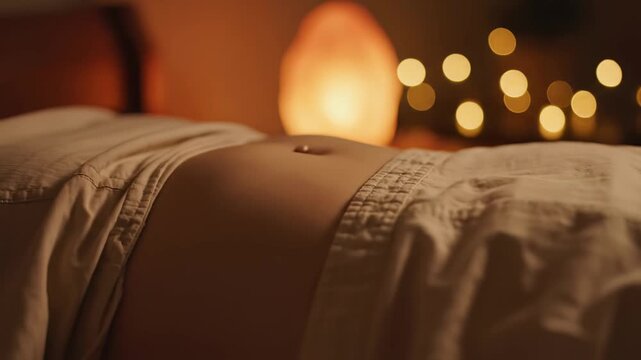 Warm, gentle light envelops a relaxed midsection, while soft shadows dance on fabric. The atmosphere is tranquil, inviting inner peace and reflection during twilight hours.