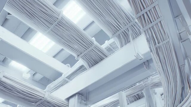 Organized network cables and electrical wires run along overhead cable trays, forming an intricate system for communication and data transmission within a modern server room environment