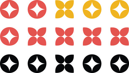 Fototapeta premium Set of minimalist geometric flower icons and starburst shapes in red yellow and black color palette