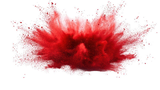 A vibrant red powder explosion on a black background on transparent background