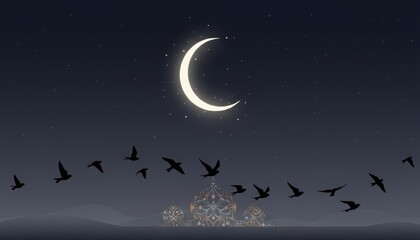 Naklejka premium A serene nighttime scene with a crescent moon, stars, and birds flying over a peaceful cityscape.