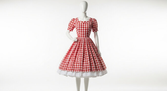 A mannequin wearing a red and white gingham dress with a white underskirt stands against a plain background.