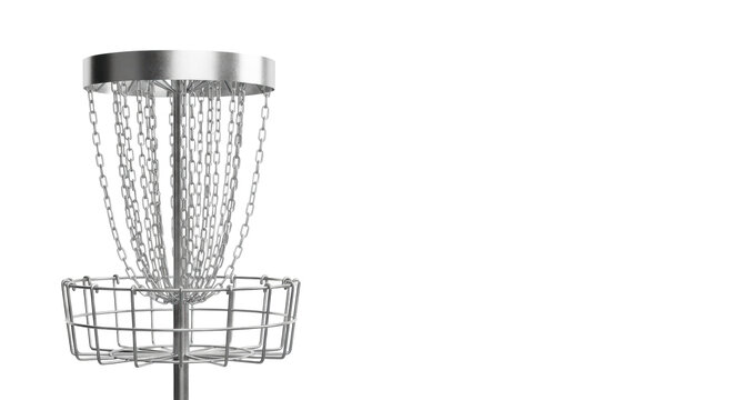 a pristine, professional galvanized steel disc golf basket isolated on a seamless bright white studio background with extensive copy space, captured in bright diffuse light, concept for product
