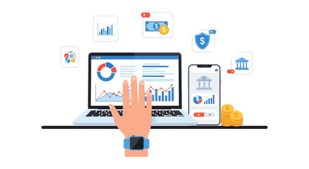 Fototapeta premium Digital Financial Management Illustration: Online Banking, Data Analysis, and Investment Monitoring on Laptop and Smartphone Screens.