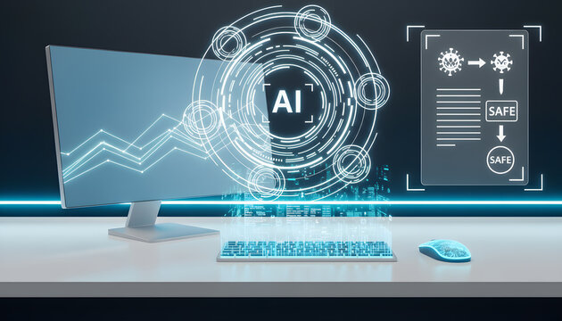 Futuristic cybersecurity workspace with glowing AI ring interface scanning a holographic document. Malware and virus symbols turning safe. High tech minimalist desk with cyan neon lighting.